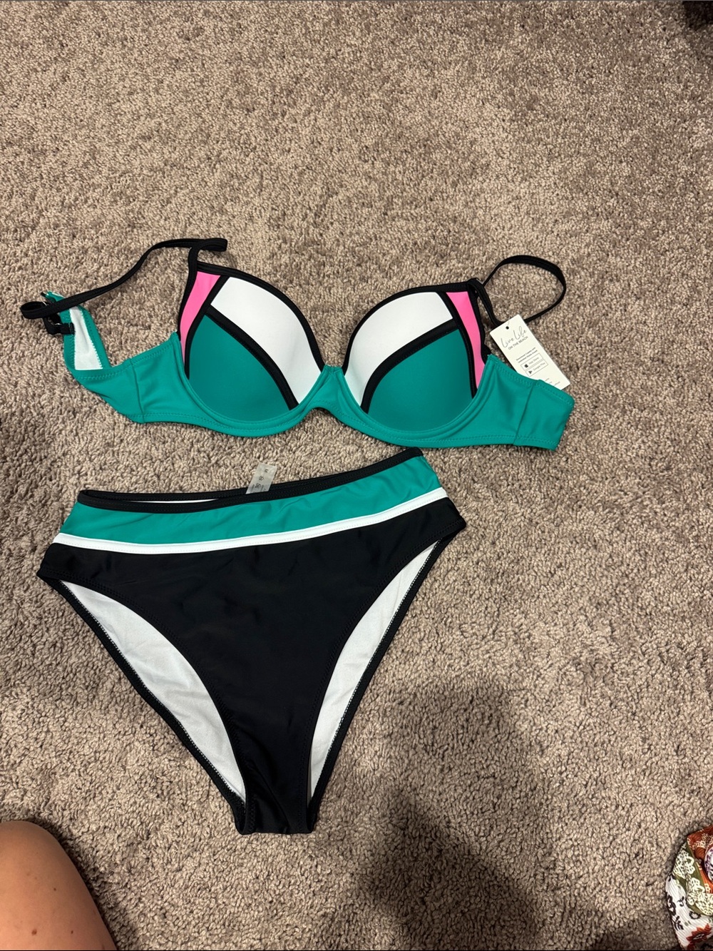 Cupshe Teal, Black, White & Pink Colorblock Bikini Set